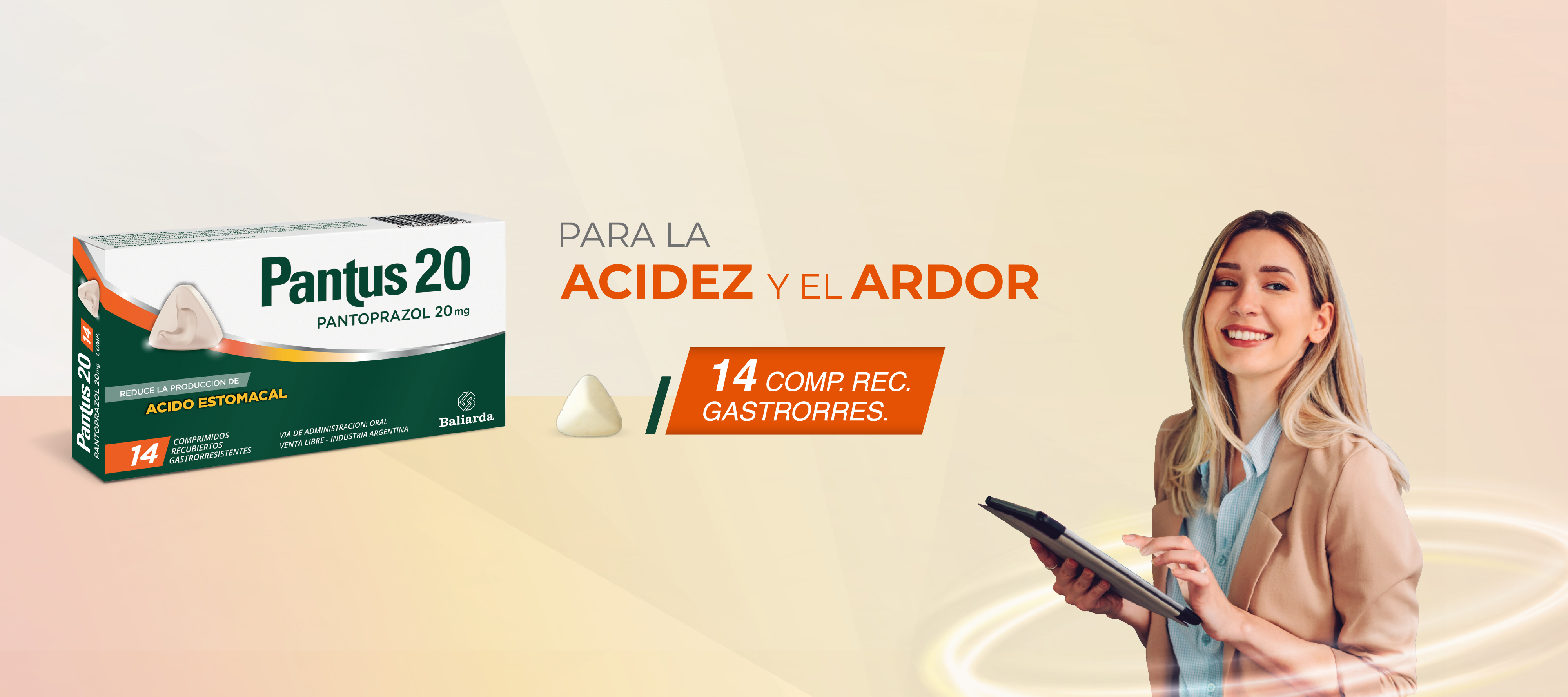 Pantus 20 mg, medicamento con pantoprazol para el alivio de la acidez y el ardor estomacal, en presentación de 14 comprimidos gastroresistentes.