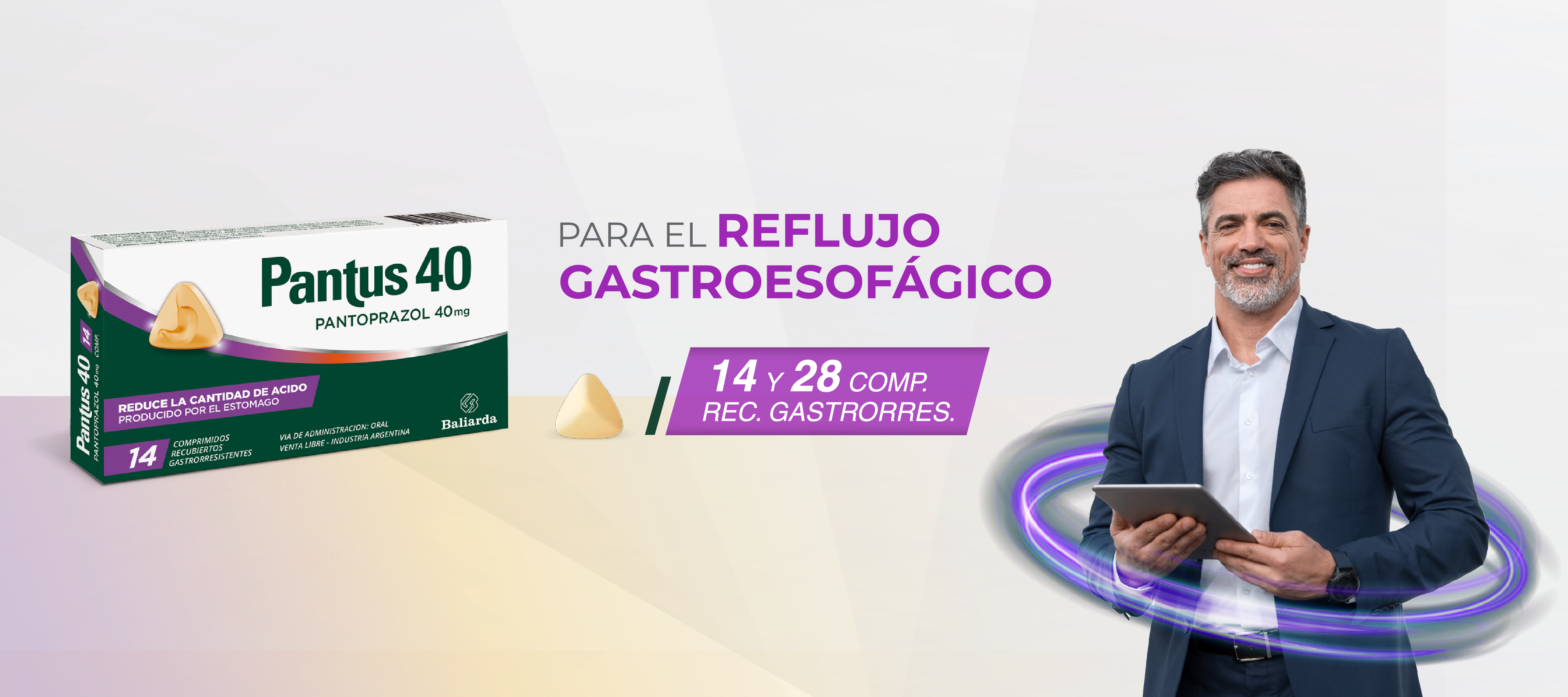 Pantus 40 mg, medicamento con pantoprazol para el alivio del reflujo gastroesofágico y del ardor estomacal, en presentación de 14 comprimidos gastroresistentes.