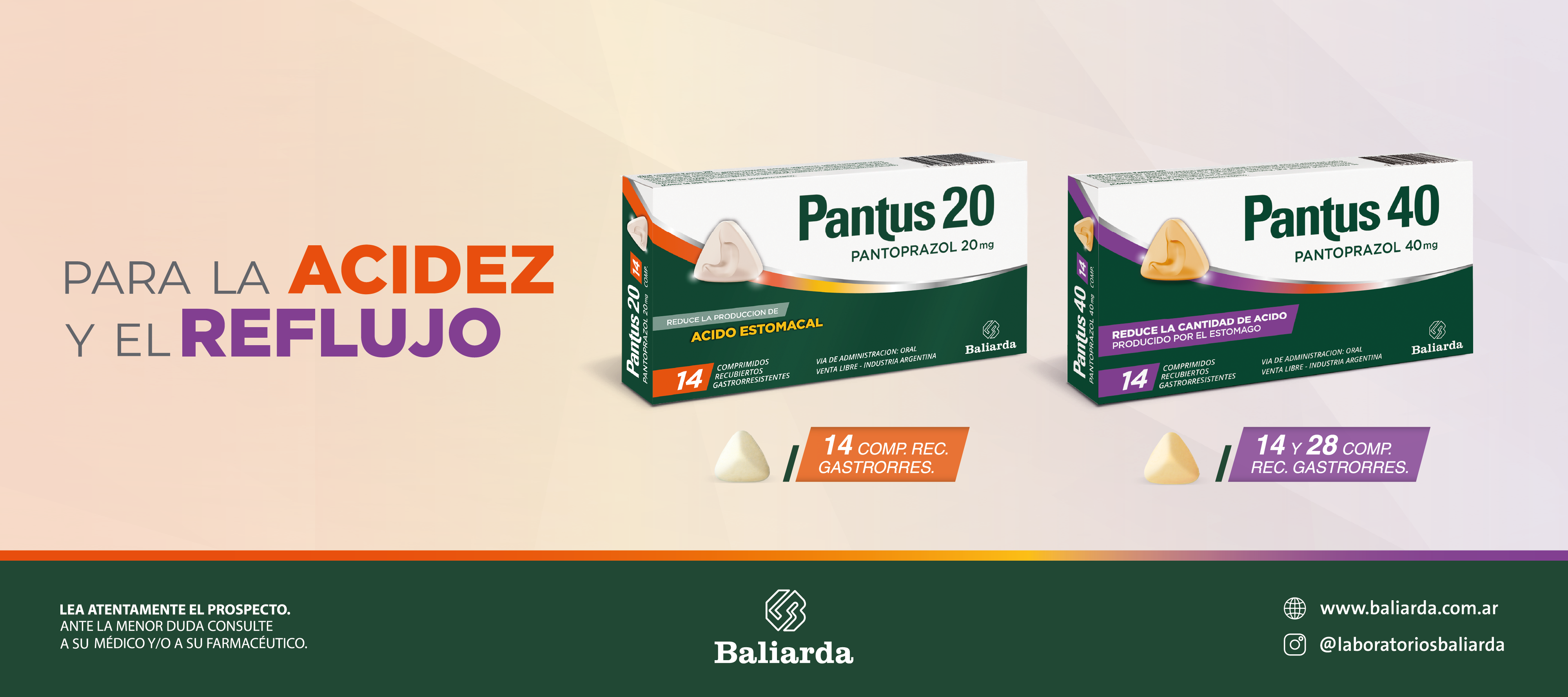 Pantus 20 y Pantus 40, medicamentos con pantoprazol para la reducción del ácido estomacal, disponibles en comprimidos gastroresistentes de 14 y 28 unidades.